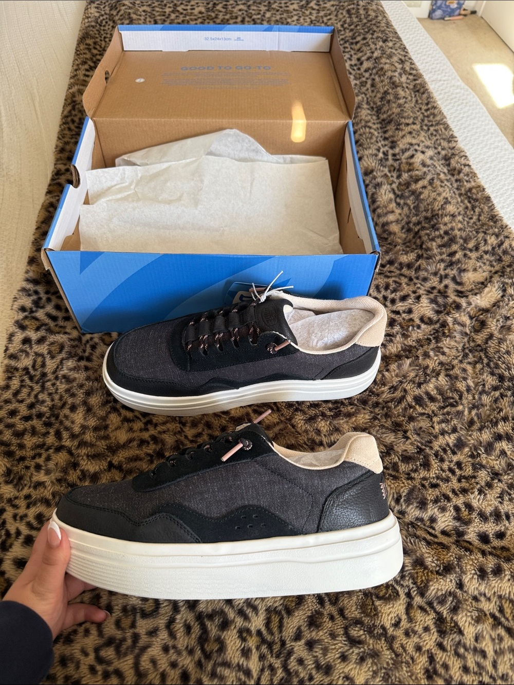 Hey Dude Women's Black and Cream Platform Sneakers